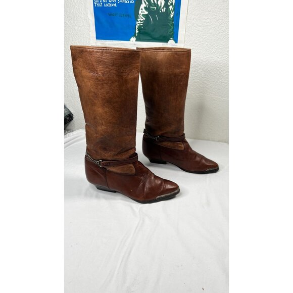 Vintage Zodiac Leather Boots Western Boho Mid-Calf Toe Taps Straps Brown 8.5 - Picture 3 of 12